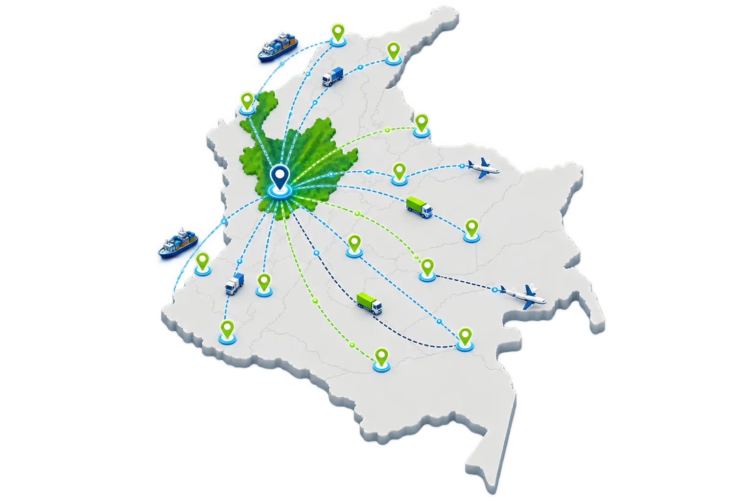 Mapa de Colombia con Antioquia resaltada como base operativa y rutas de transporte hacia el resto del país